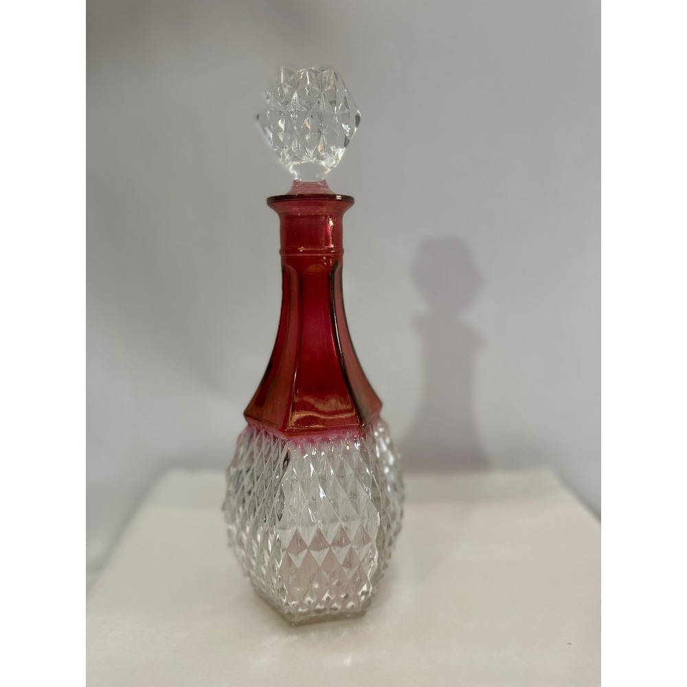 Vintage Kings Crown‎ Ruby Flash Glass Decanter with Stopper 12 Inch Hexagonal